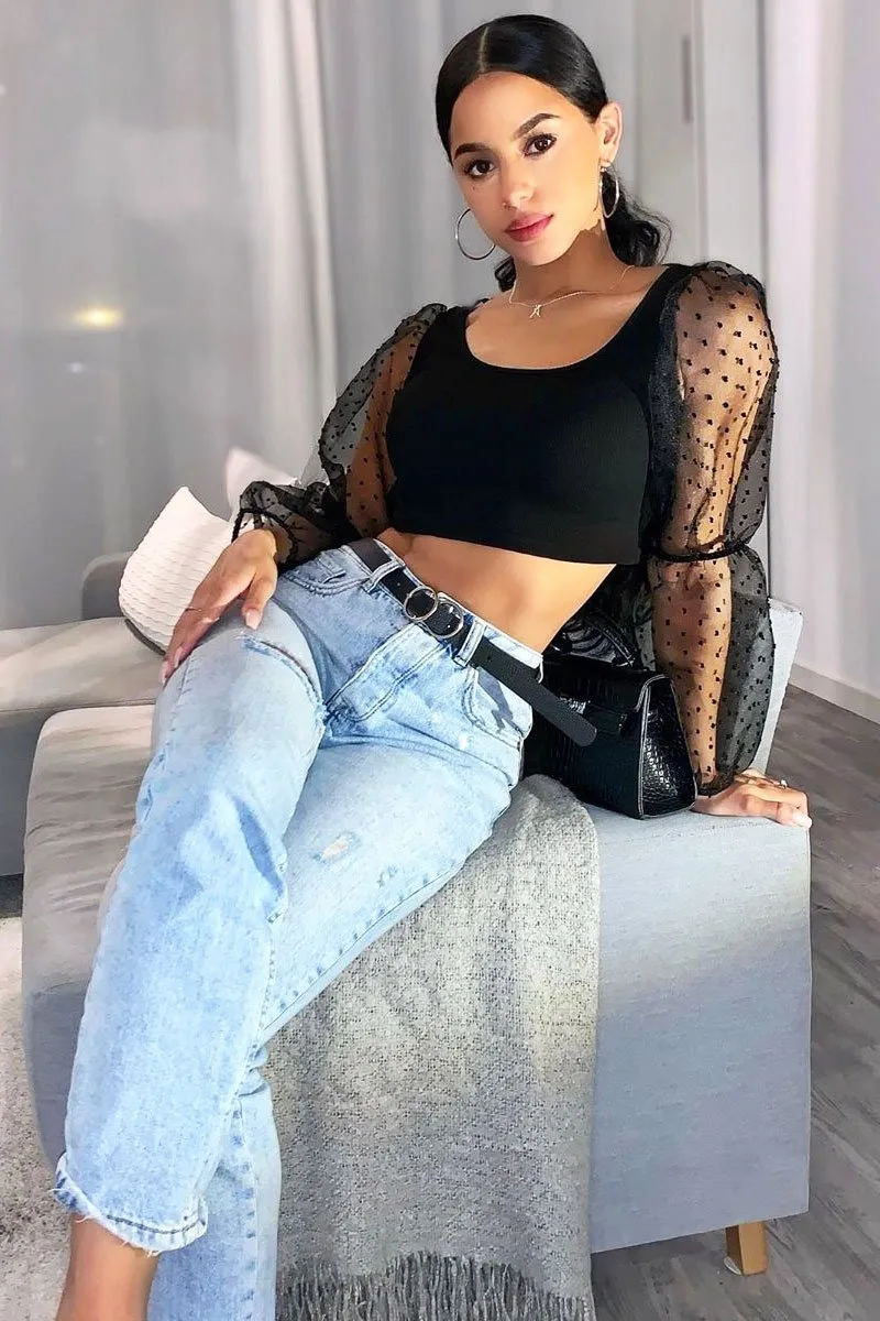 Black Polka Dot Organza Sleeve Crop Top - Bianca