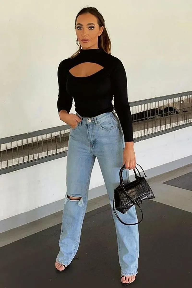 Black Ribbed Cut Out Detail Bodysuit - Murphie