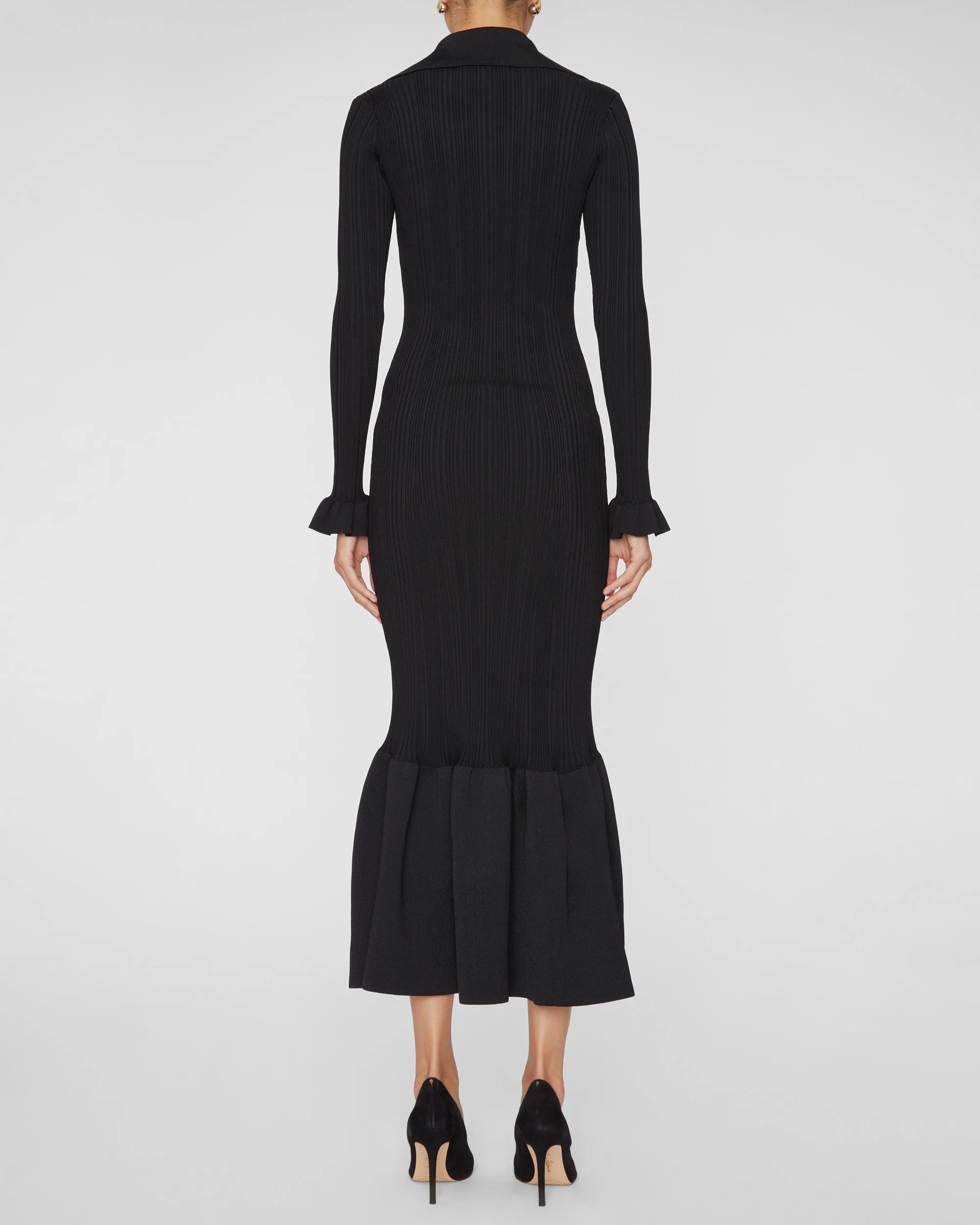 Black Ribbed Knit Fluted Midi Dress