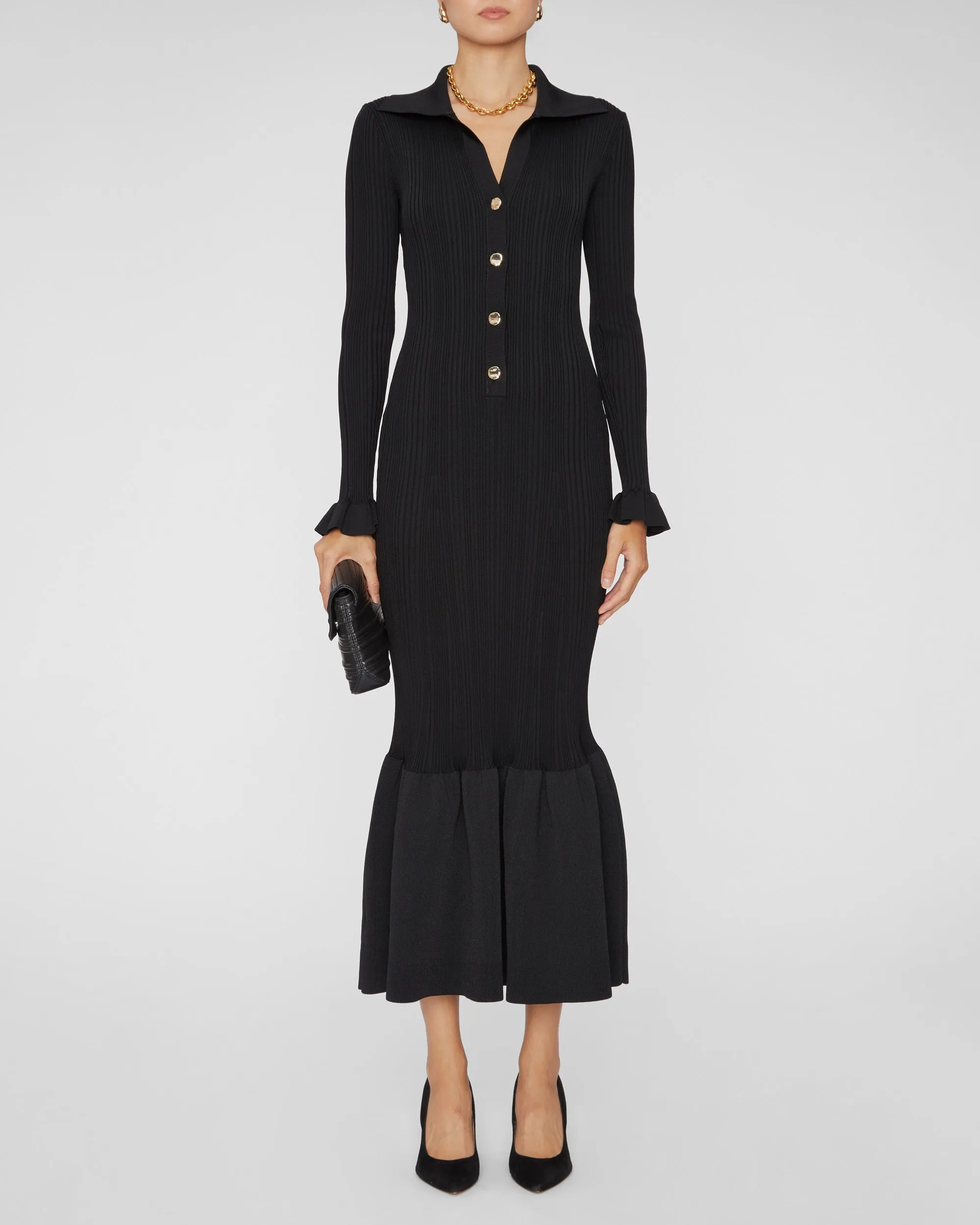 Black Ribbed Knit Fluted Midi Dress