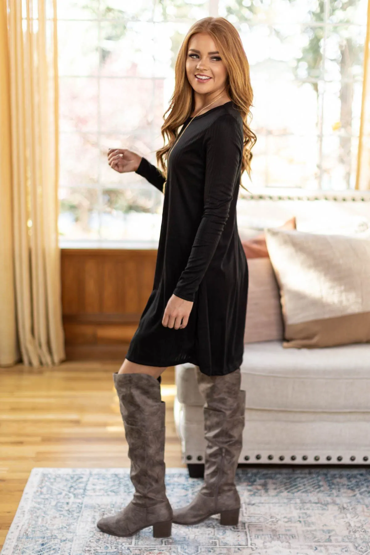 Black Ribbed Knit Long Sleeve Dress