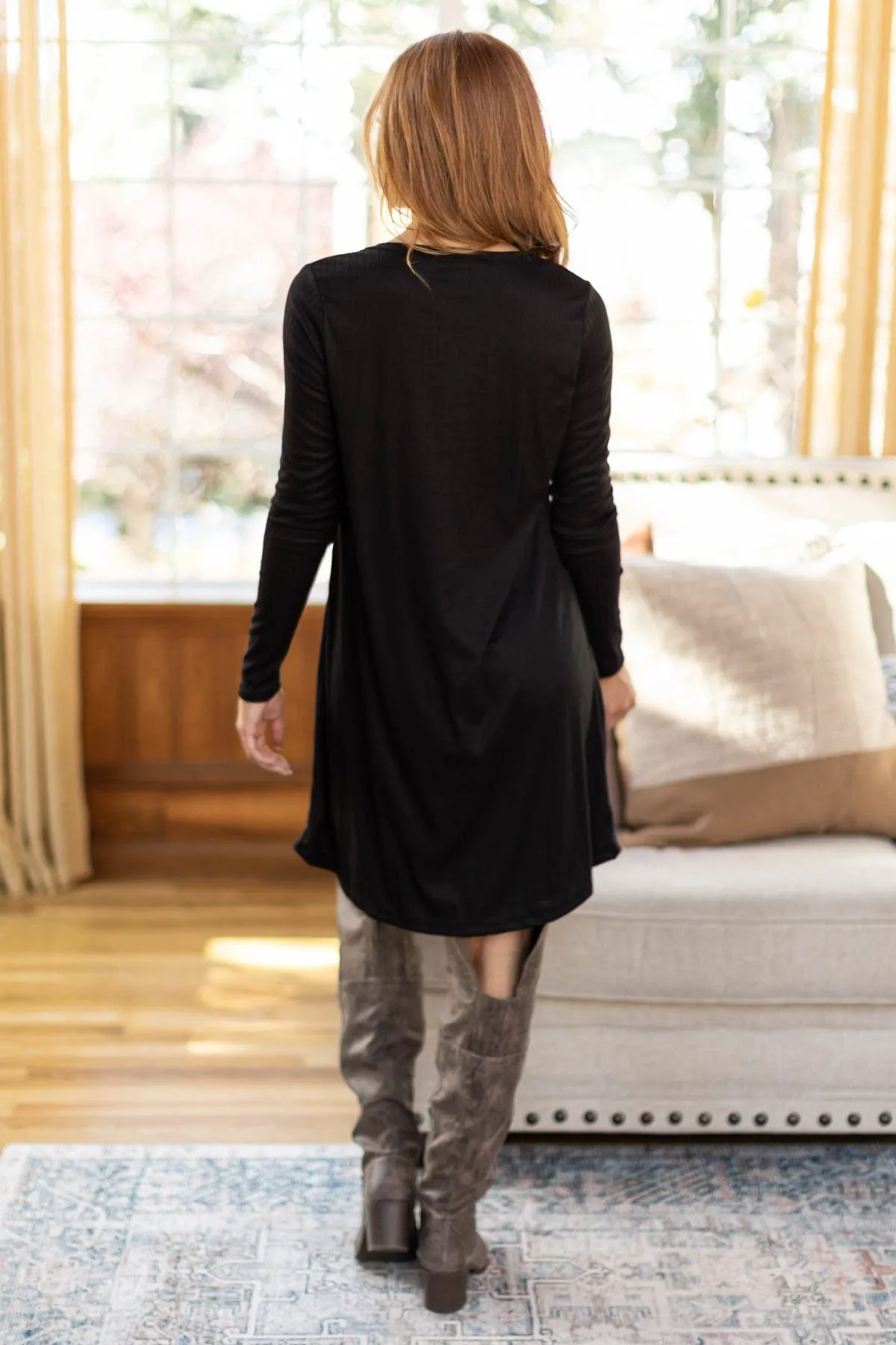 Black Ribbed Knit Long Sleeve Dress