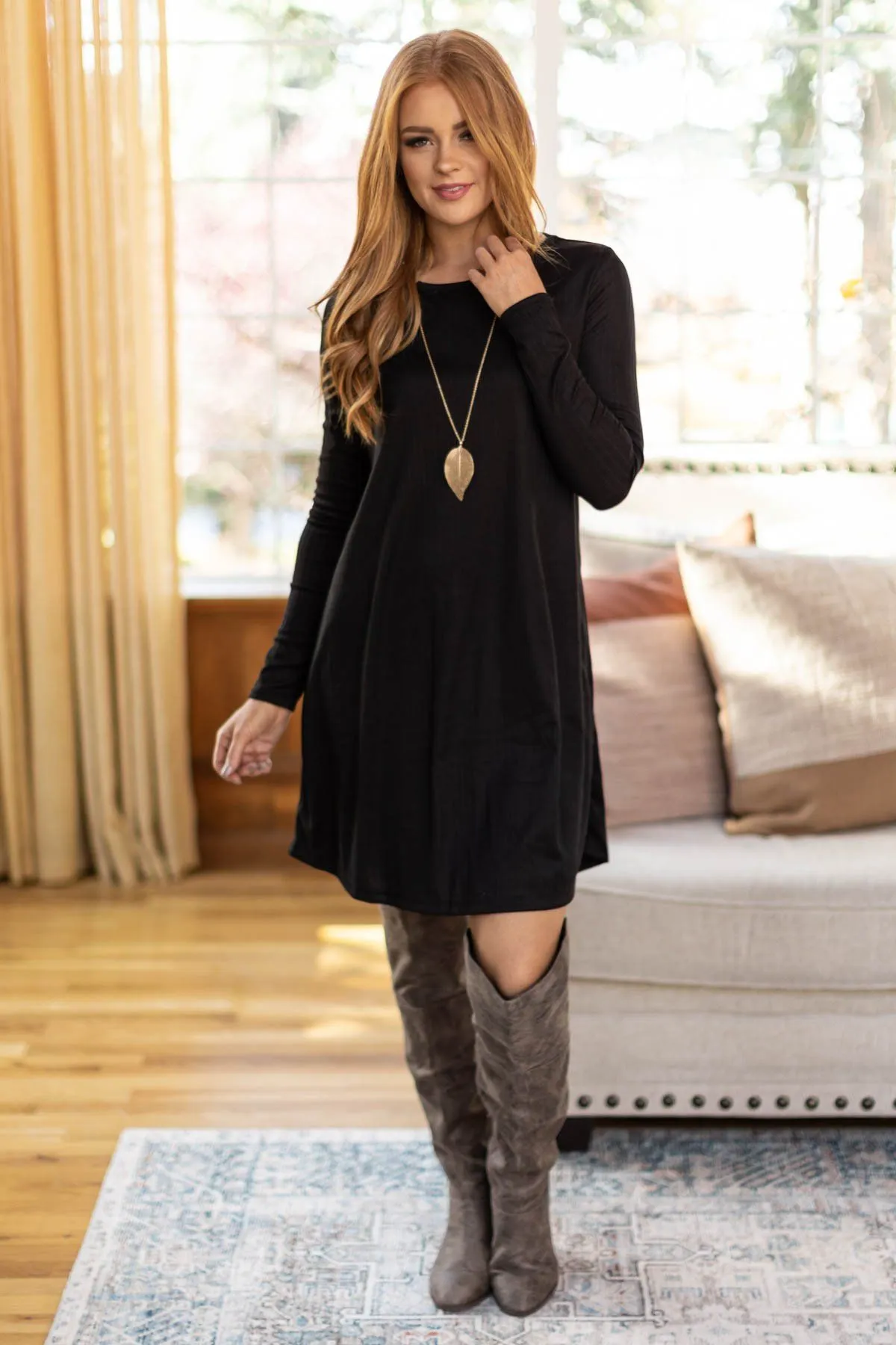 Black Ribbed Knit Long Sleeve Dress