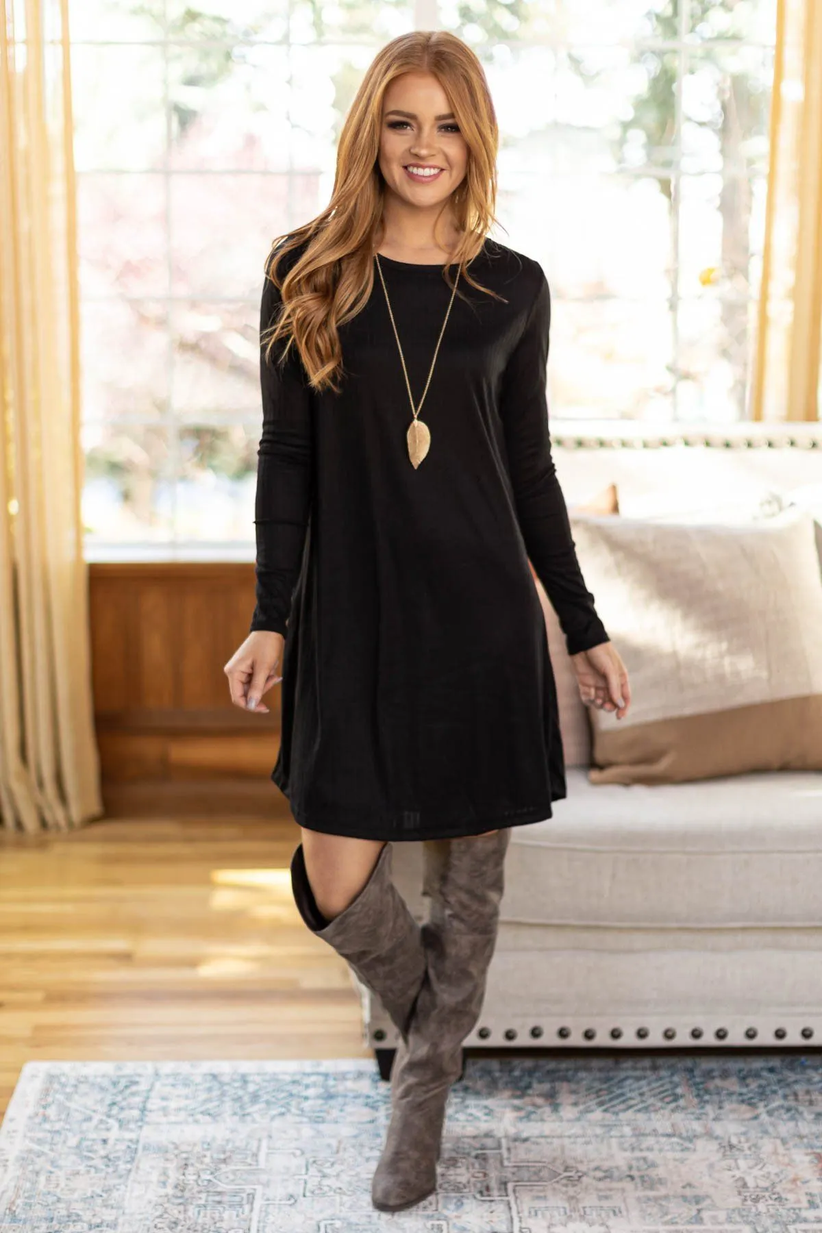 Black Ribbed Knit Long Sleeve Dress