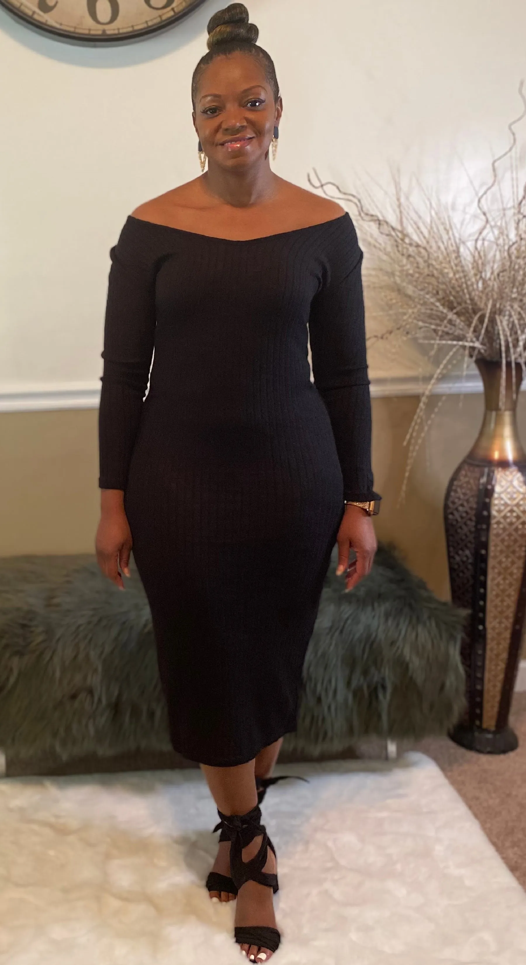 Black Ribbed Off the Shoulder Sweater Dress