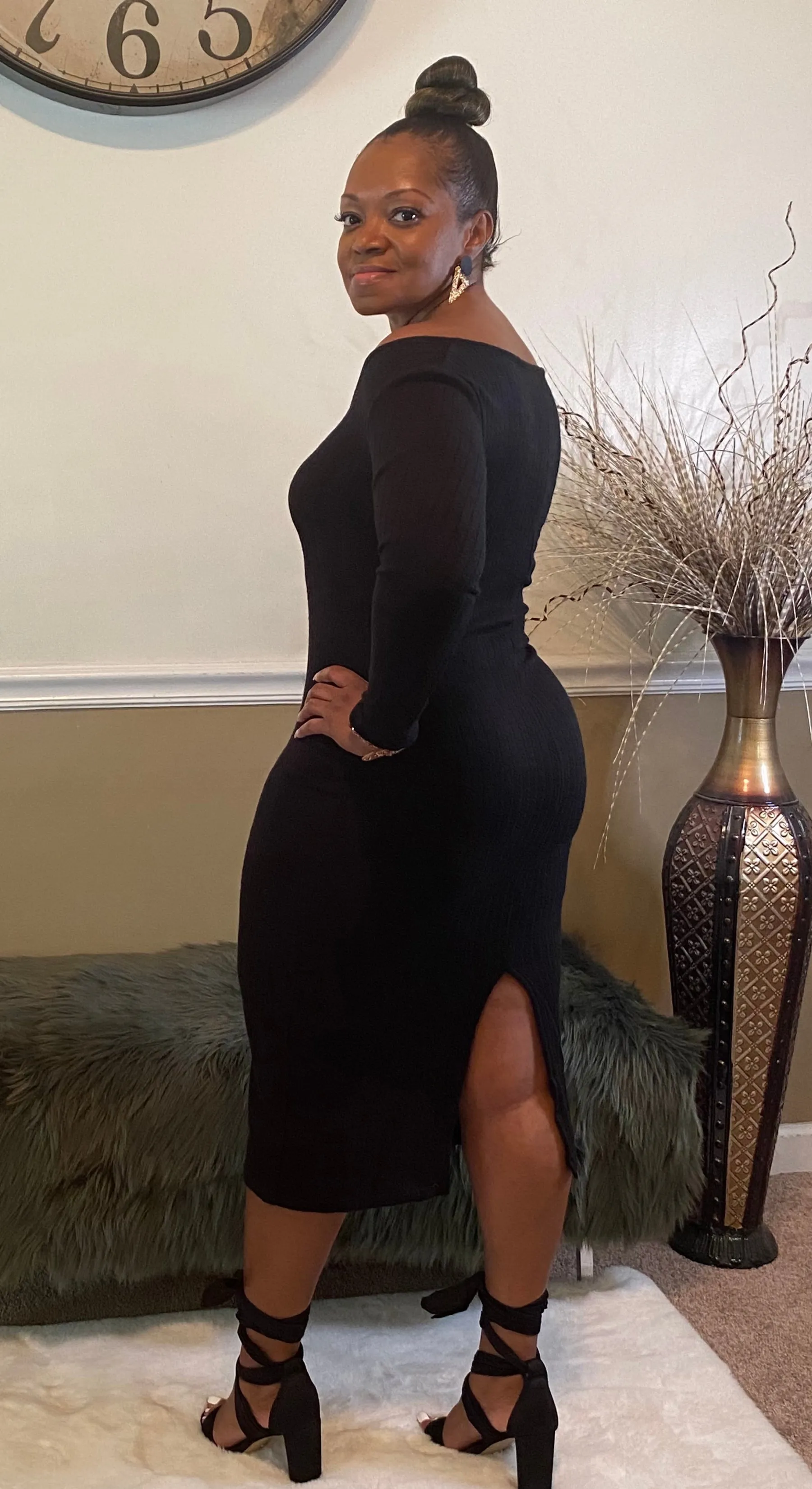 Black Ribbed Off the Shoulder Sweater Dress