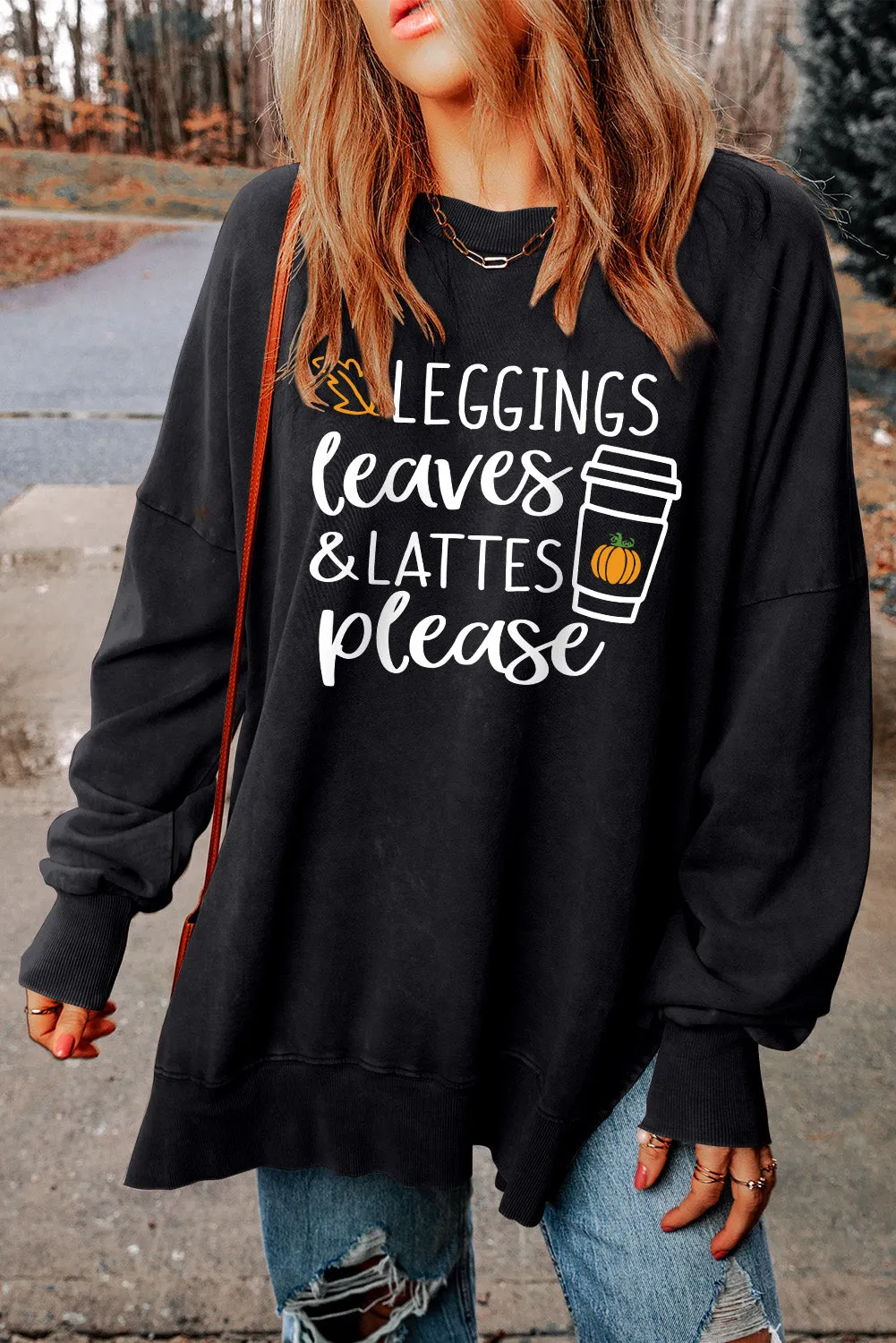 Black Slogan Print Side Split Oversized Sweatshirt