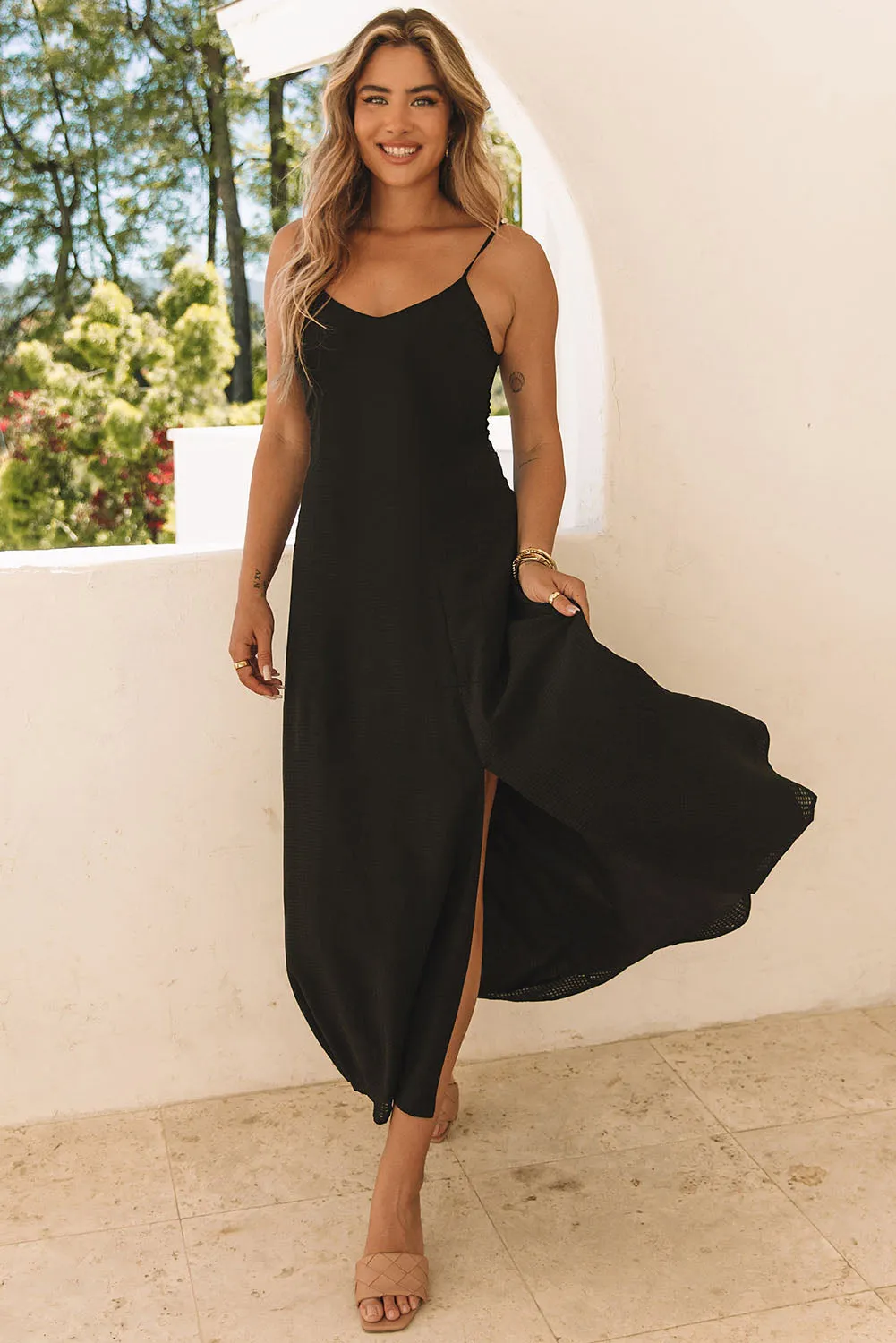 Black Spaghetti Straps Lace up Back Maxi Dress