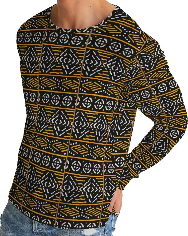 Black Yellow Bogolan African Print Men's Long Sleeve Tee