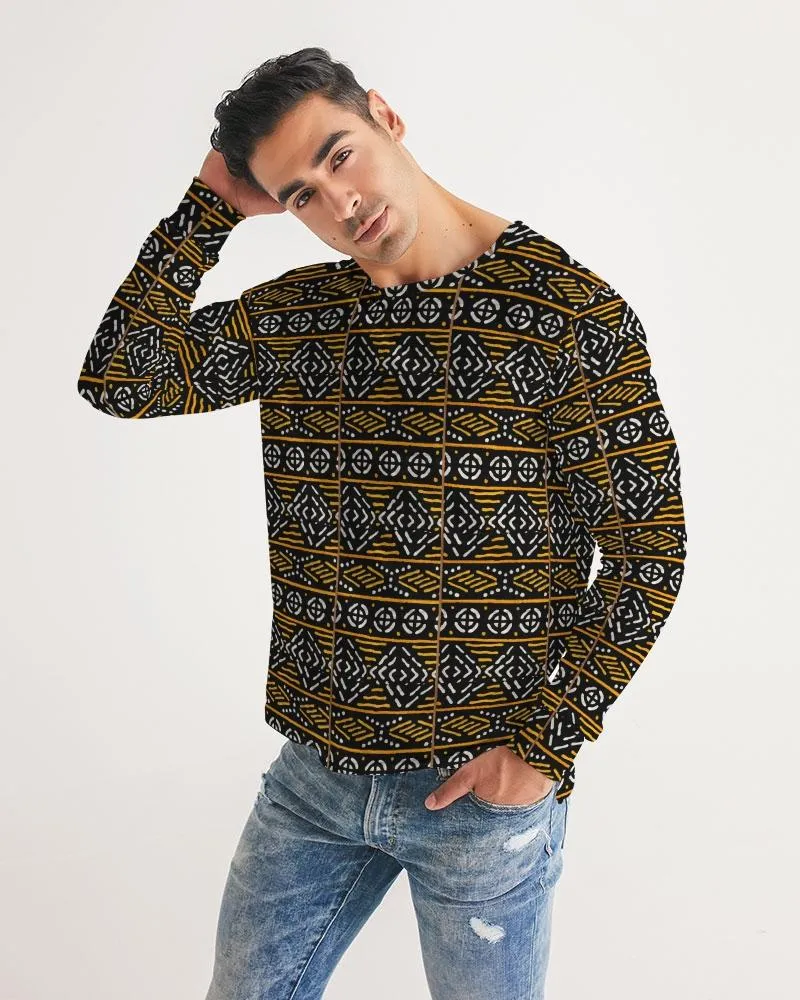Black Yellow Bogolan African Print Men's Long Sleeve Tee