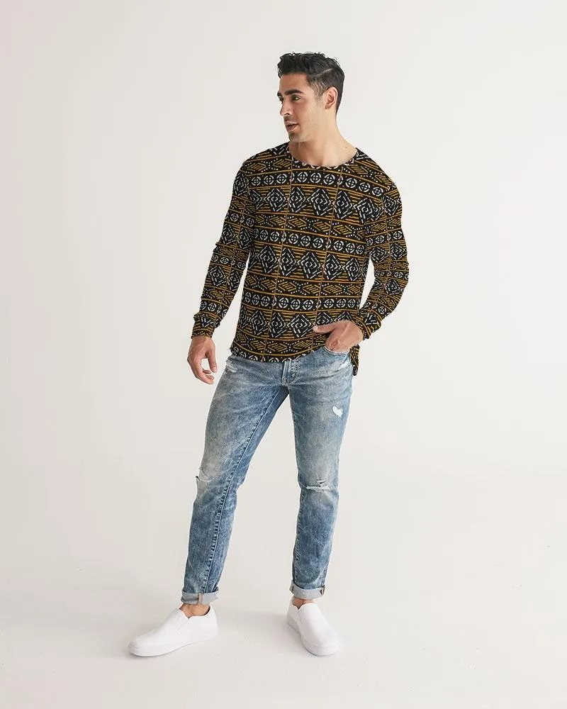 Black Yellow Bogolan African Print Men's Long Sleeve Tee
