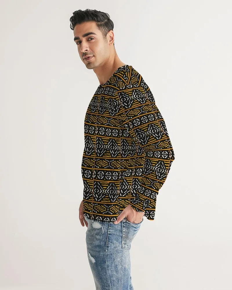Black Yellow Bogolan African Print Men's Long Sleeve Tee