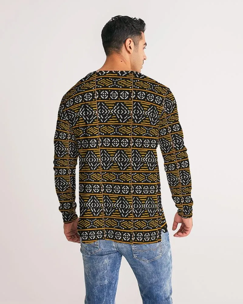 Black Yellow Bogolan African Print Men's Long Sleeve Tee