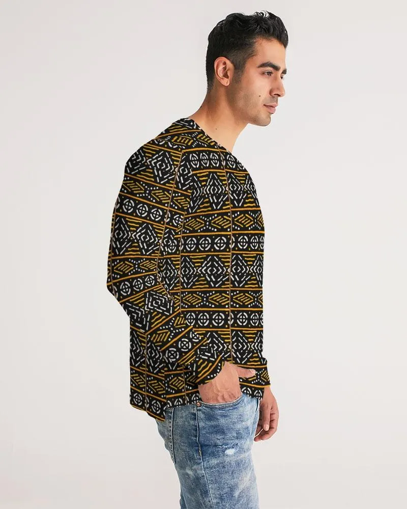 Black Yellow Bogolan African Print Men's Long Sleeve Tee