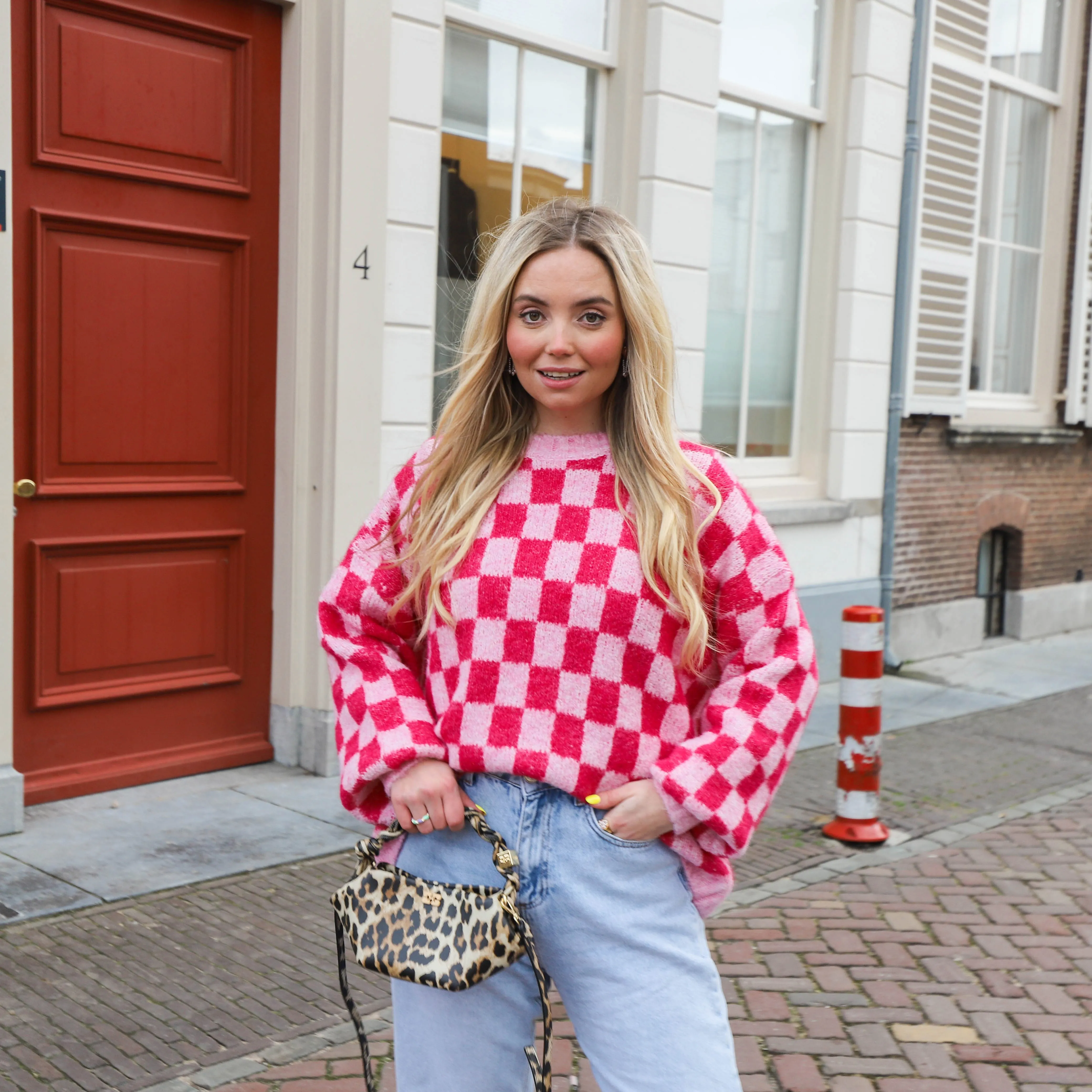 Blokjes trui fuchsia pink