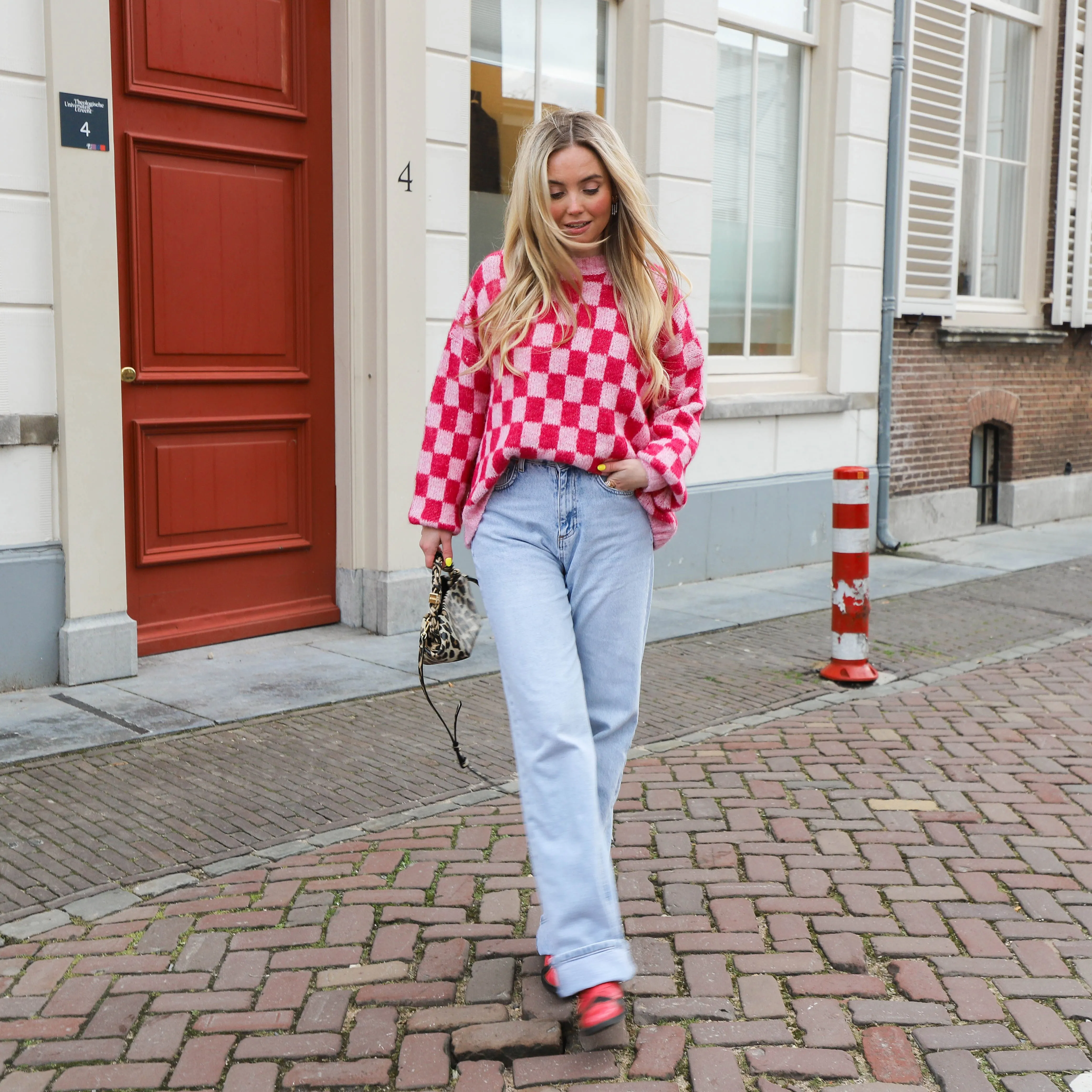 Blokjes trui fuchsia pink