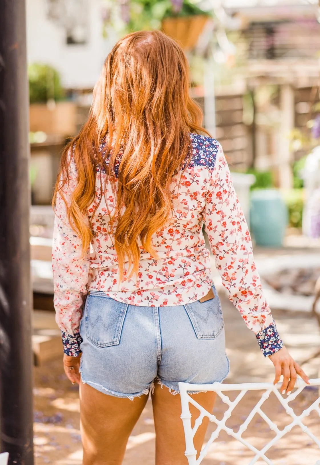 Blouse, Western Vintage Multi Fabric Floral Print with Pearl Snaps - Style HC829