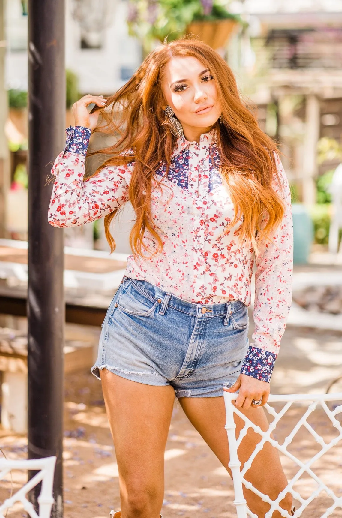 Blouse, Western Vintage Multi Fabric Floral Print with Pearl Snaps - Style HC829
