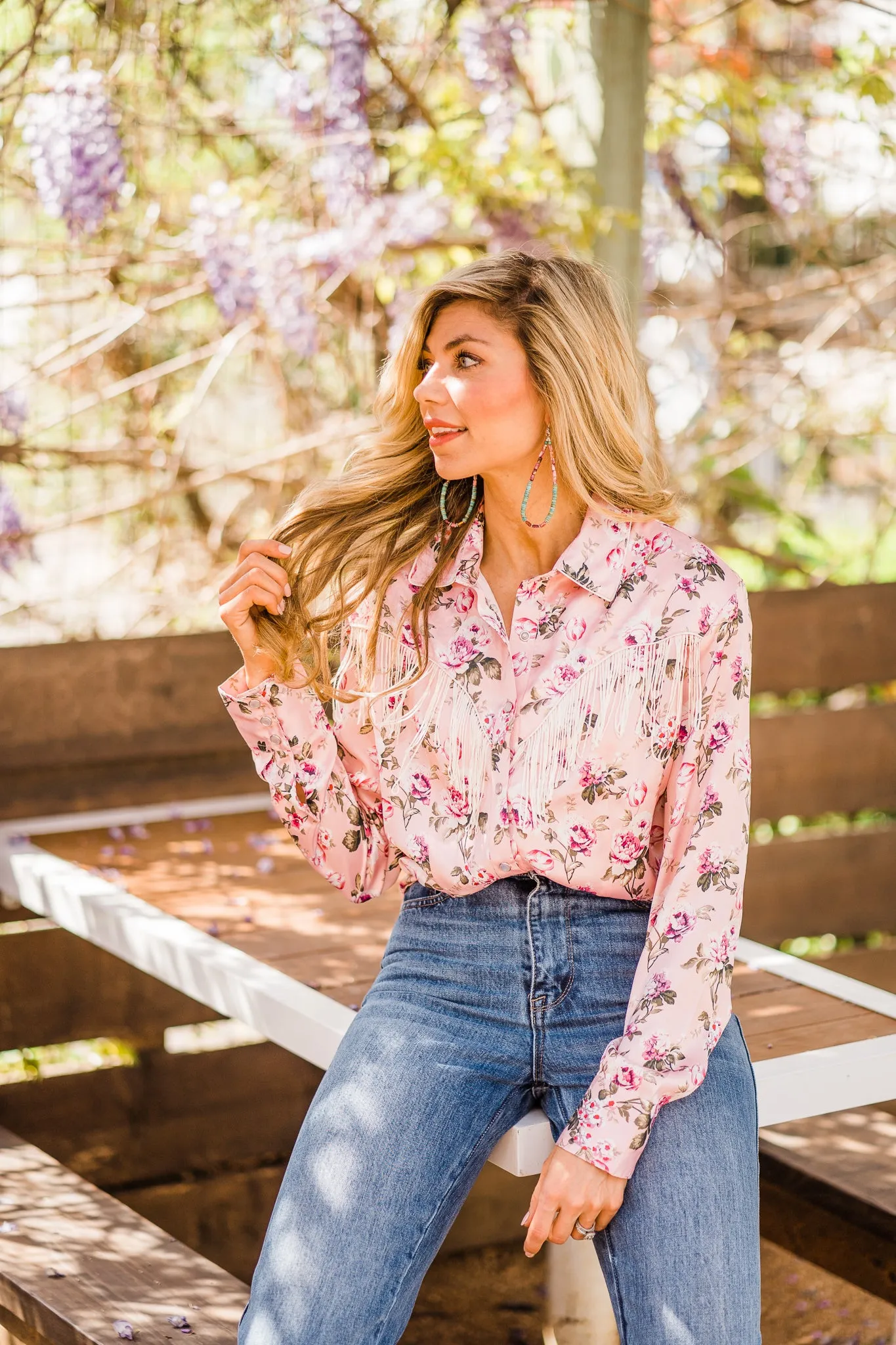 Blouse, Western Vintage Rose Print with Snaps and Fringe - Style HC827