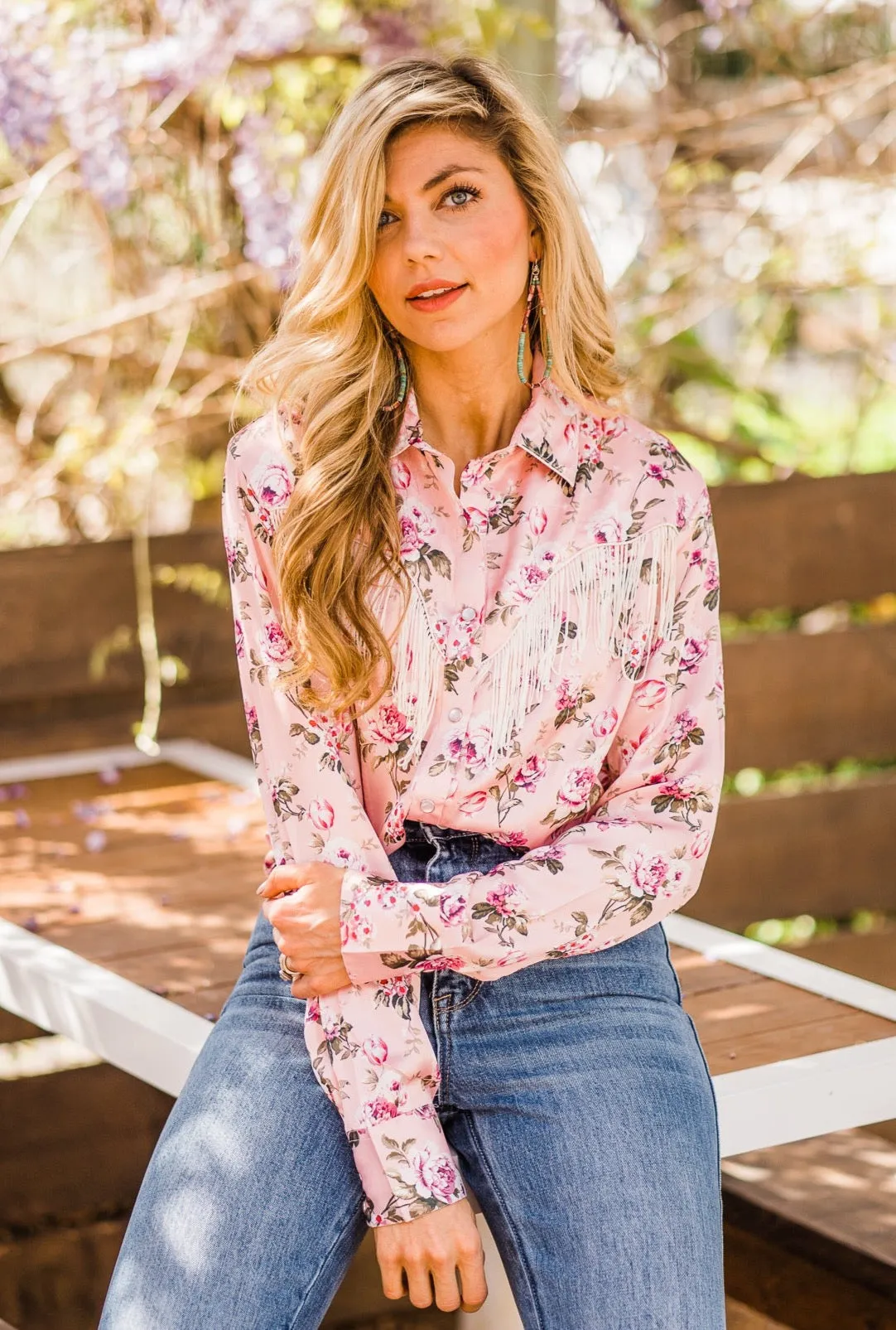 Blouse, Western Vintage Rose Print with Snaps and Fringe - Style HC827