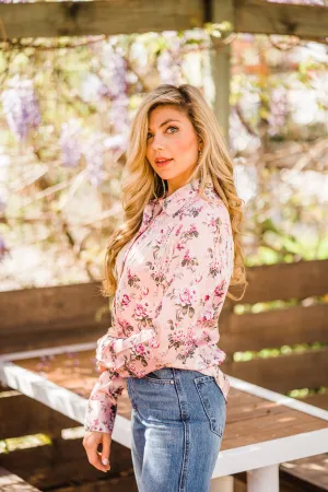 Blouse, Western Vintage Rose Print with Snaps and Fringe - Style HC827