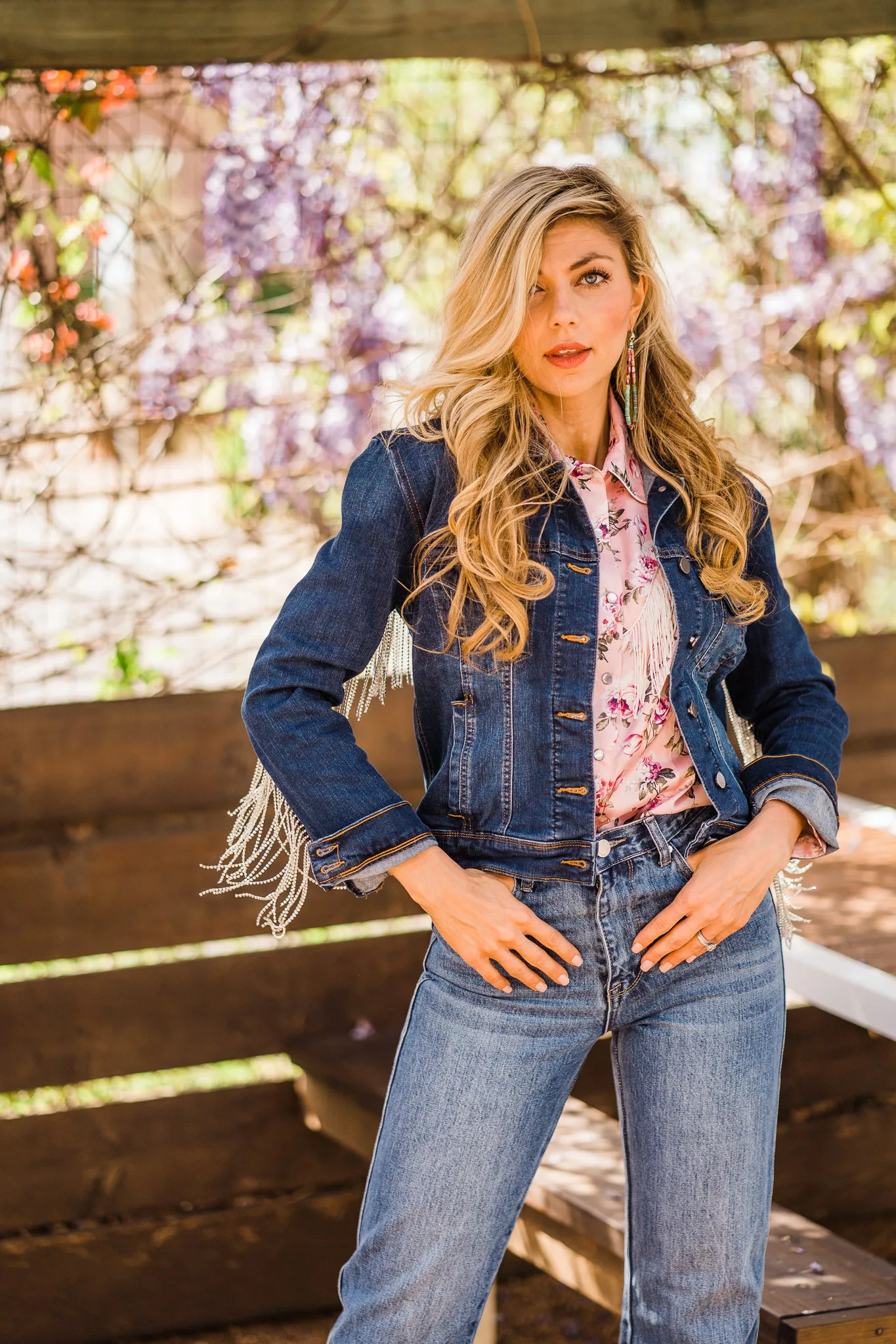 Blouse, Western Vintage Rose Print with Snaps and Fringe - Style HC827