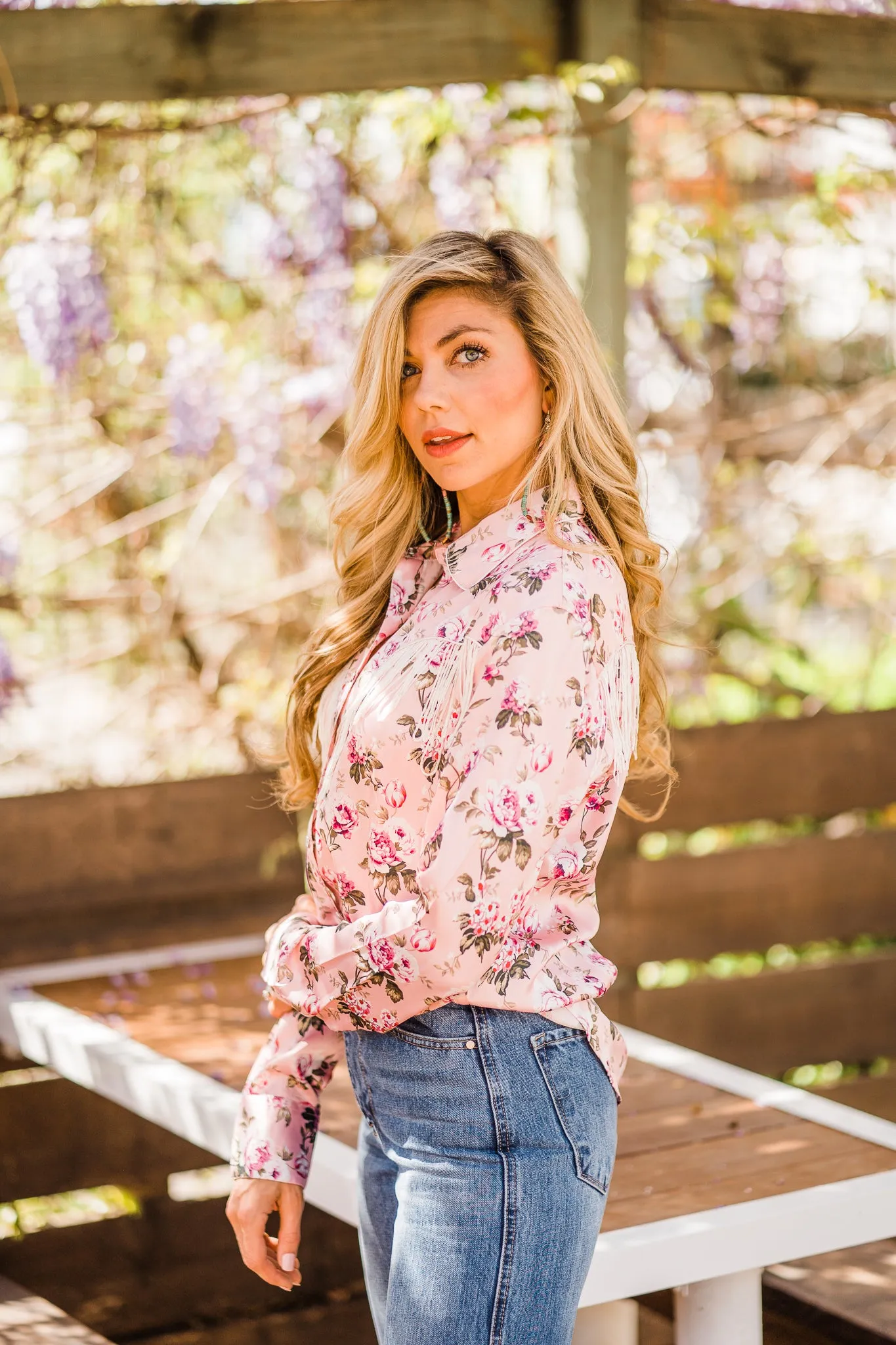 Blouse, Western Vintage Rose Print with Snaps and Fringe - Style HC827