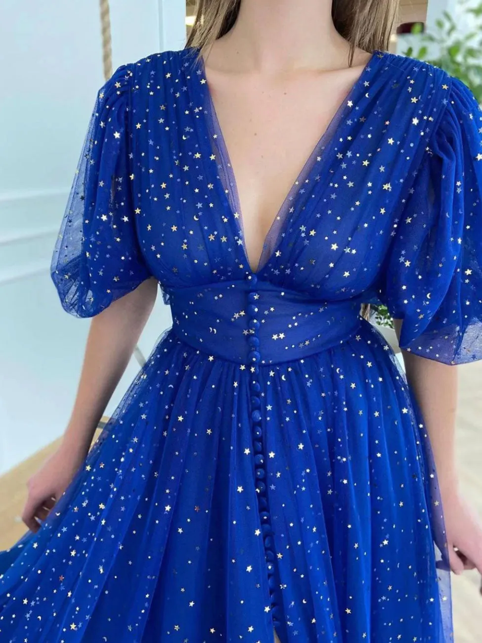 Blue A Line Long Prom Dresses, V Neck Formal Evening Dress