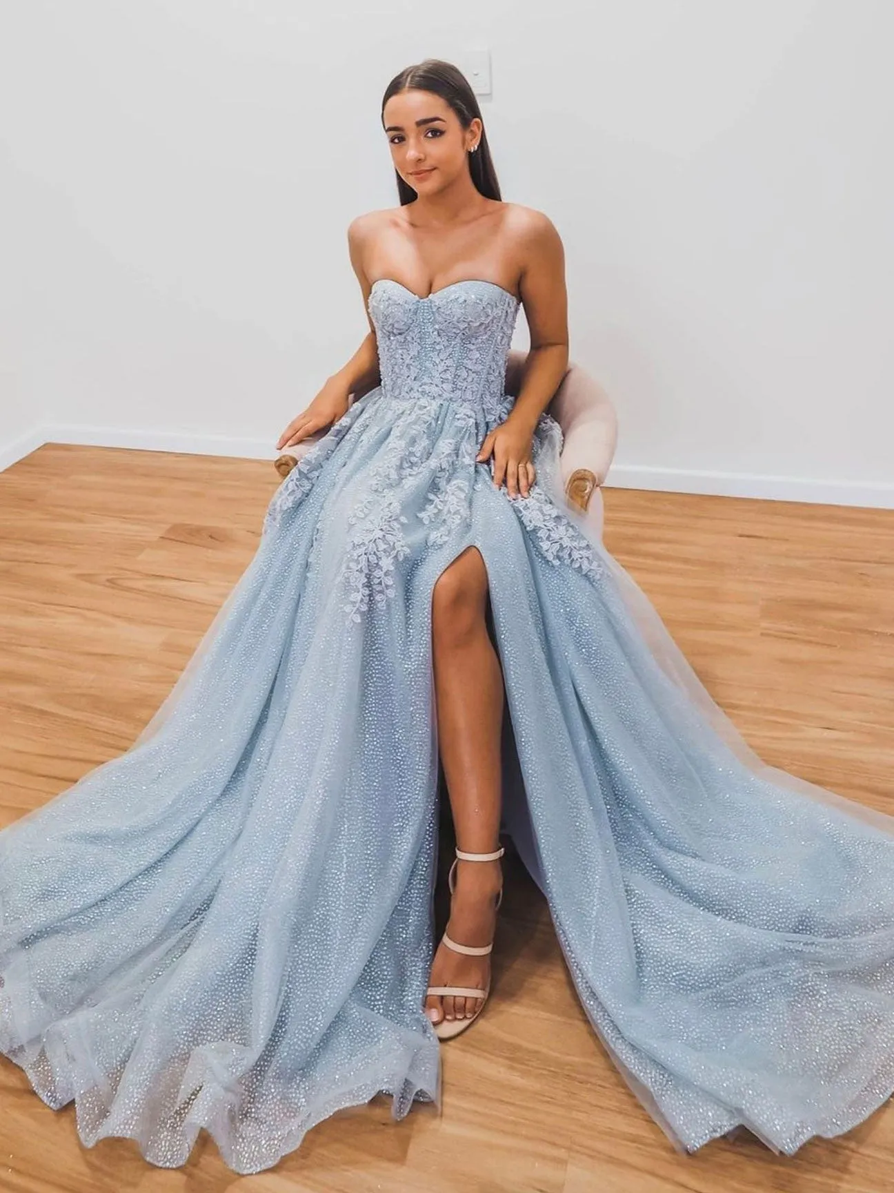 Blue A-Line Tulle Lace Long Prom Dresses, Blue Formal Evening Dresses