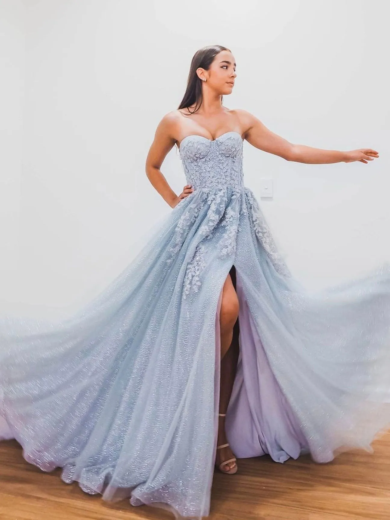 Blue A-Line Tulle Lace Long Prom Dresses, Blue Formal Evening Dresses