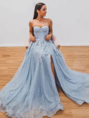 Blue A-Line Tulle Lace Long Prom Dresses, Blue Formal Evening Dresses