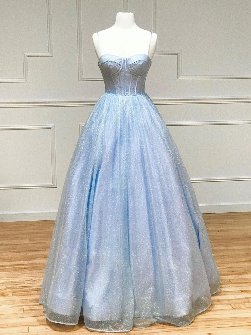 Blue A-Line Tulle Long Prom Dresses, Shiny Blue Formal Evening Dresses