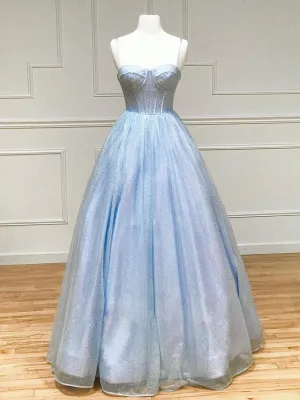 Blue A-Line Tulle Long Prom Dresses, Shiny Blue Formal Evening Dresses