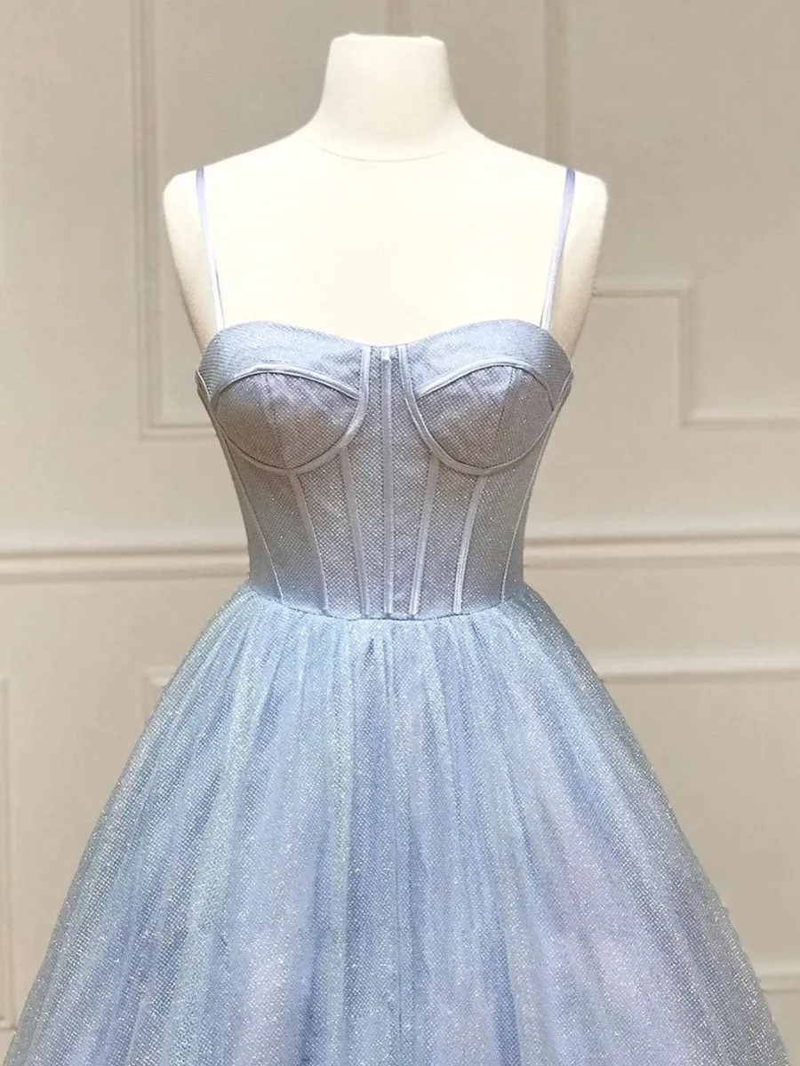 Blue A-Line Tulle Long Prom Dresses, Shiny Blue Formal Evening Dresses