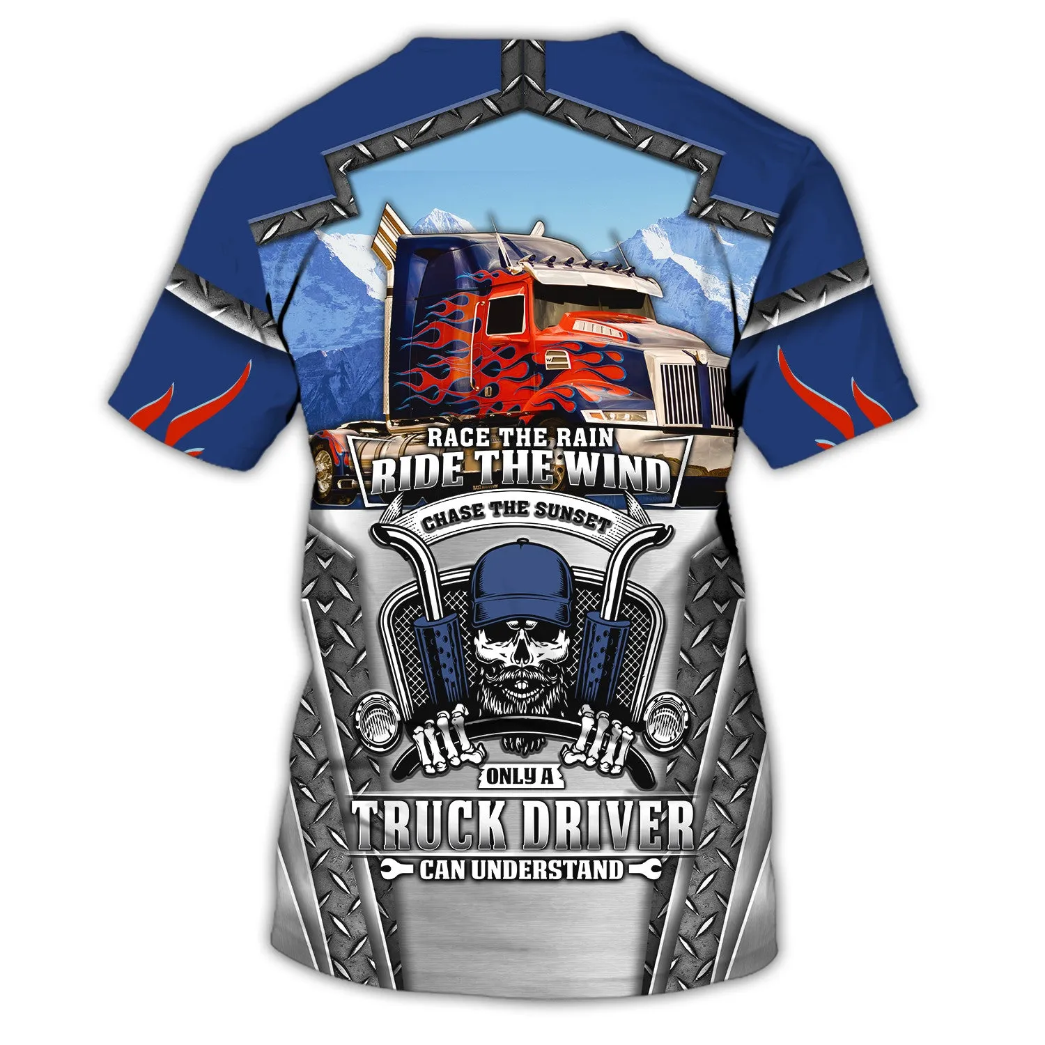 Blue & Red Fire Trucker 3D All Over Printed Personalized Name T-Shirt