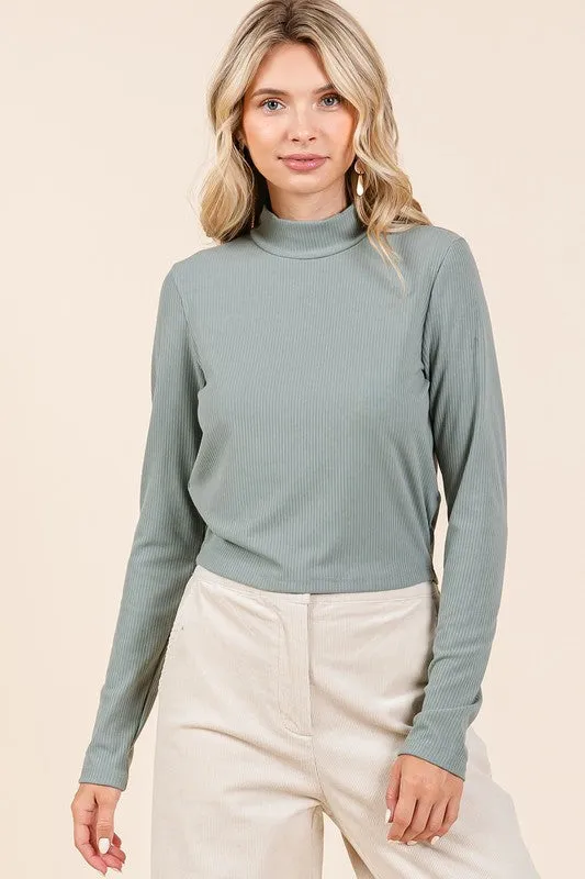 Blue Mock Neck Rib Knit Long Sleeve Crop Top