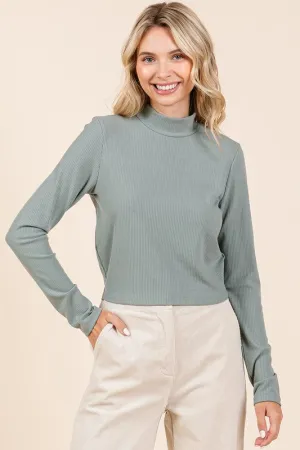 Blue Mock Neck Rib Knit Long Sleeve Crop Top