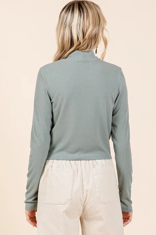 Blue Mock Neck Rib Knit Long Sleeve Crop Top