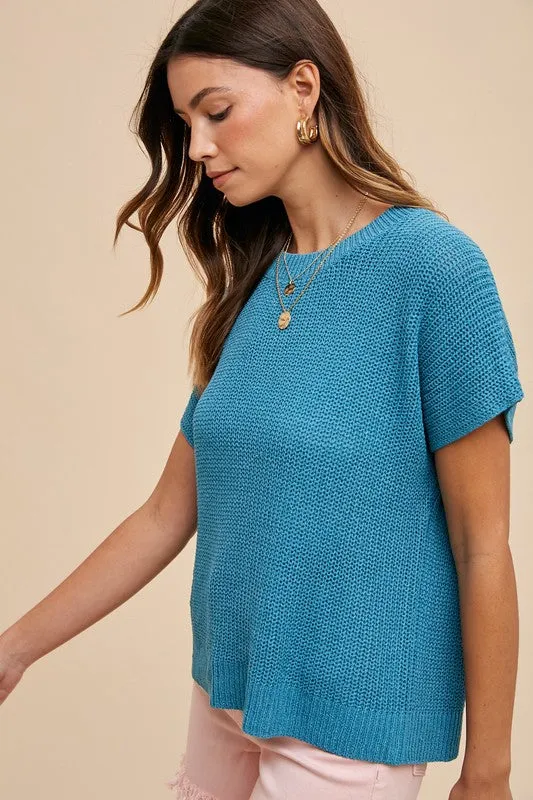 Blue Round Neck Short Sleeve Sweater