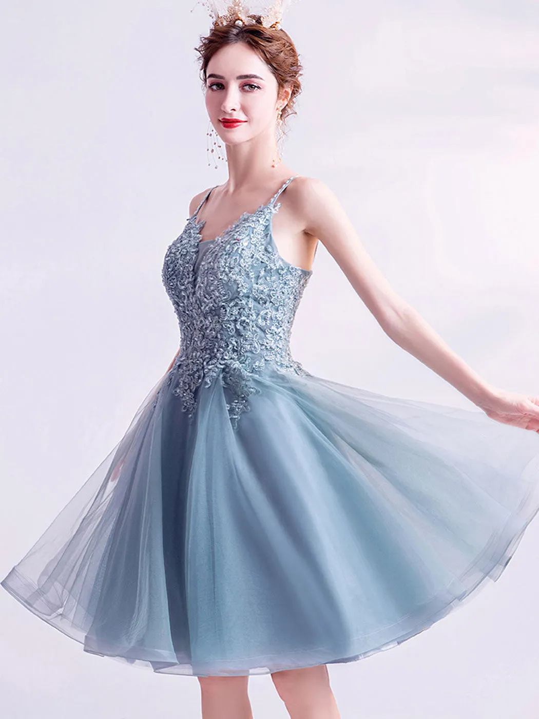 Blue v neck tulle lace short prom dress blue cocktail dress