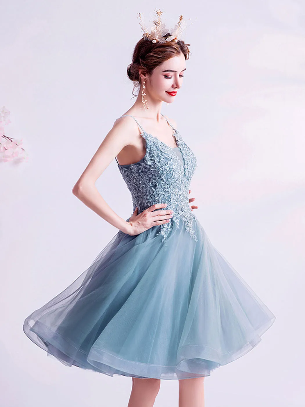 Blue v neck tulle lace short prom dress blue cocktail dress