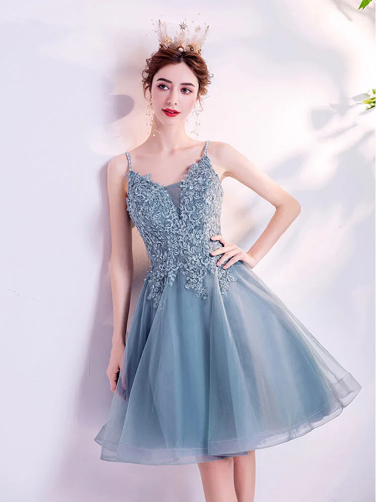 Blue v neck tulle lace short prom dress blue cocktail dress