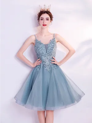 Blue v neck tulle lace short prom dress blue cocktail dress