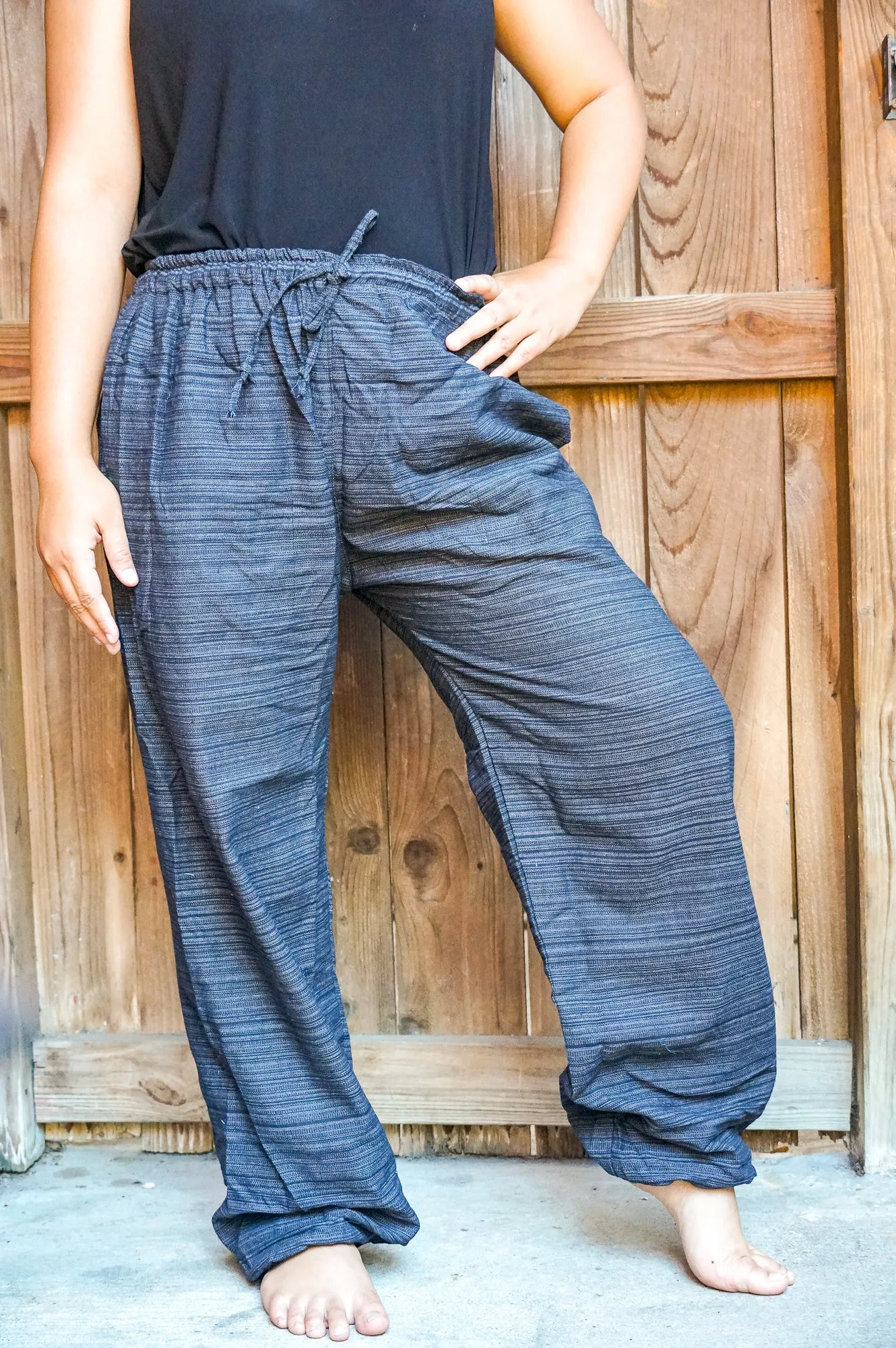 Bohemian Drawstring Slubbed Harem Pants- Deep Blue