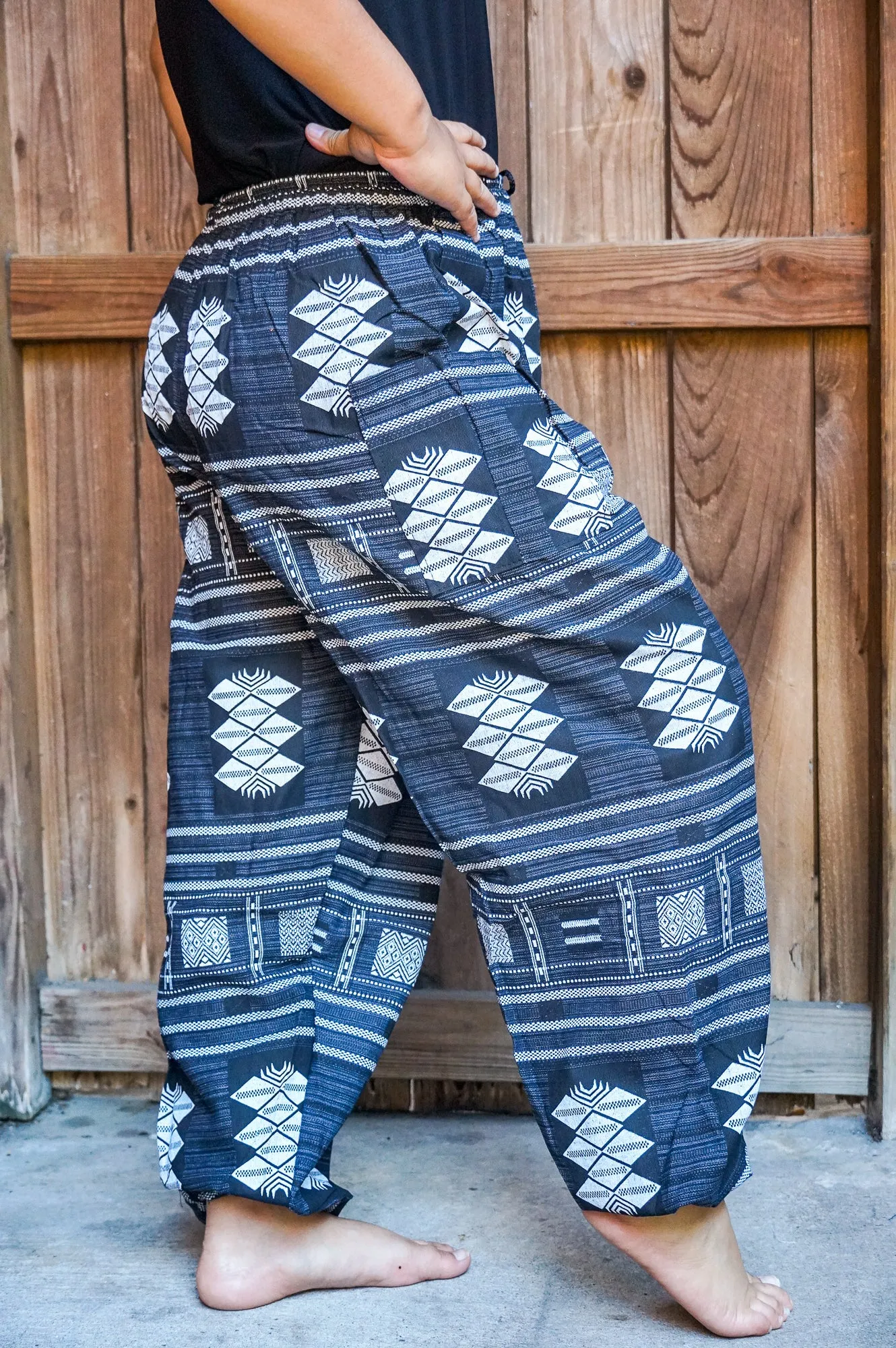 Bohemian Tribal Drawstring Slubbed Harem Pants- Blue/Gray Multi