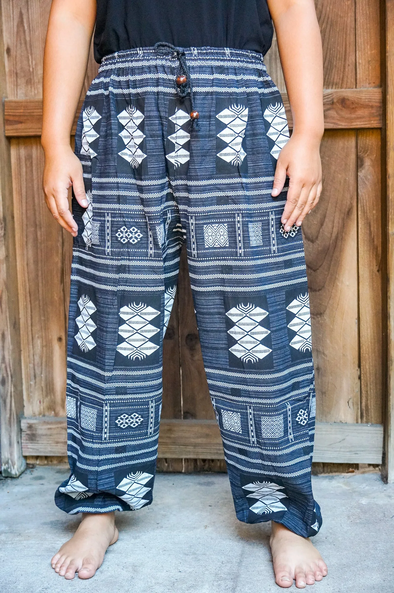 Bohemian Tribal Drawstring Slubbed Harem Pants- Blue/Gray Multi