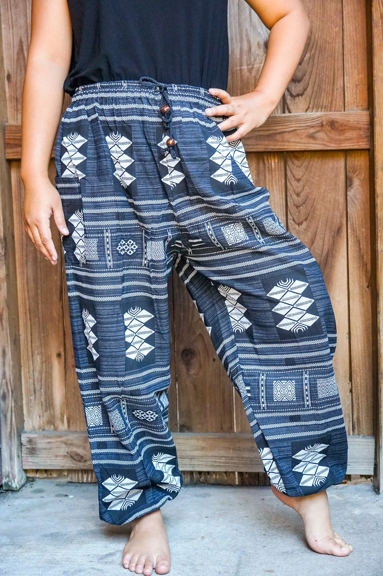 Bohemian Tribal Drawstring Slubbed Harem Pants- Blue/Gray Multi