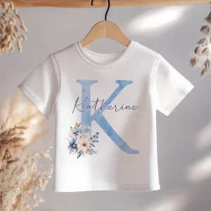 Boho Floral Blue Letter With Name Personalised Toddler & Kids T Shirt