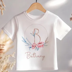 Boho Floral Girl Personalised Name With Initial Toddler & Kids T Shirt