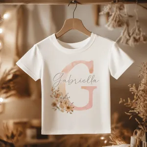 Boho Floral Peach Letter With Name Personalised Toddler & Kids T Shirt